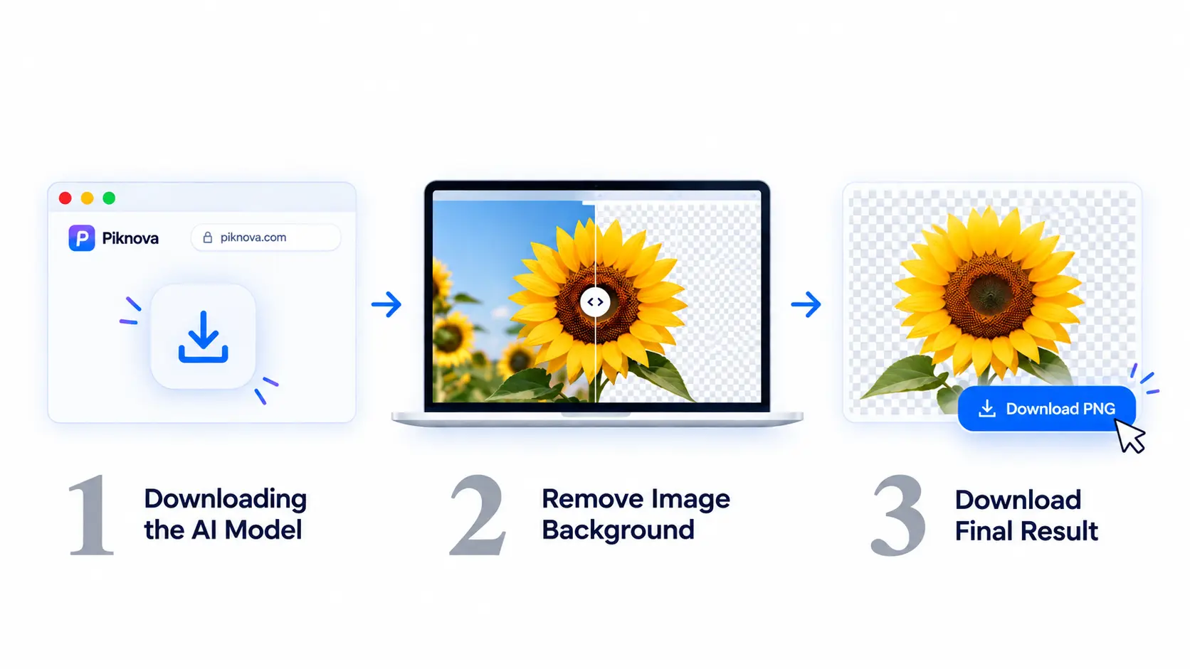A three-step diagram: the model downloads once to the browser, the photo is segmented on the device with WebAssembly, and a transparent PNG is exported without any upload