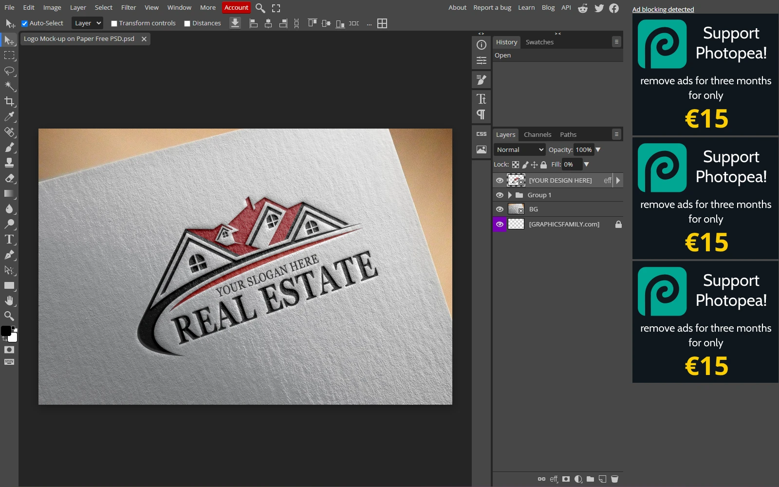 Photopea's full editor interface with layers panel, tool palette and an open PSD file