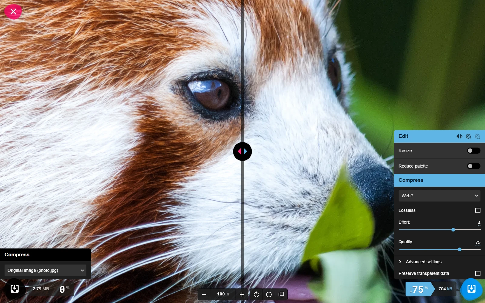 Squoosh's split-view compressor showing the original on the left and a WebP encode on the right with a quality slider