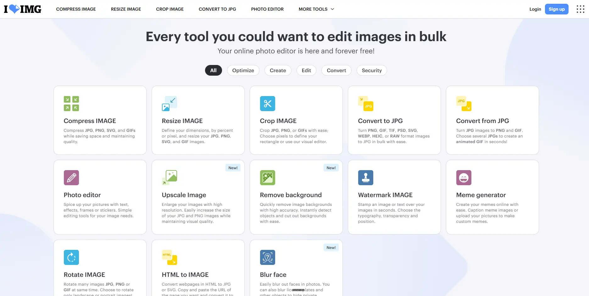 iLoveIMG home page grid of image tools with the compress, resize, crop and convert cards