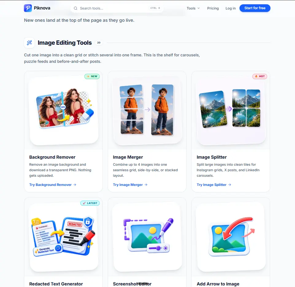 Piknova tools directory page listing every free image tool by category, with no sign-in prompt anywhere