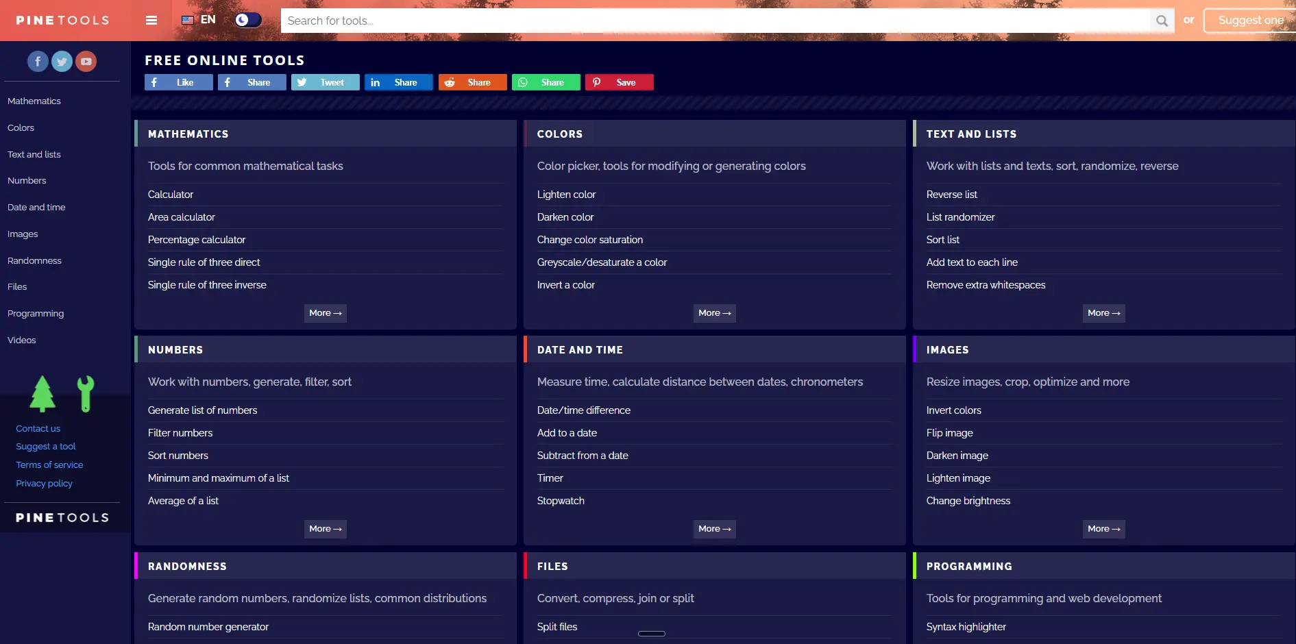 PineTools image tools category page listing dozens of filters and utilities as plain text links